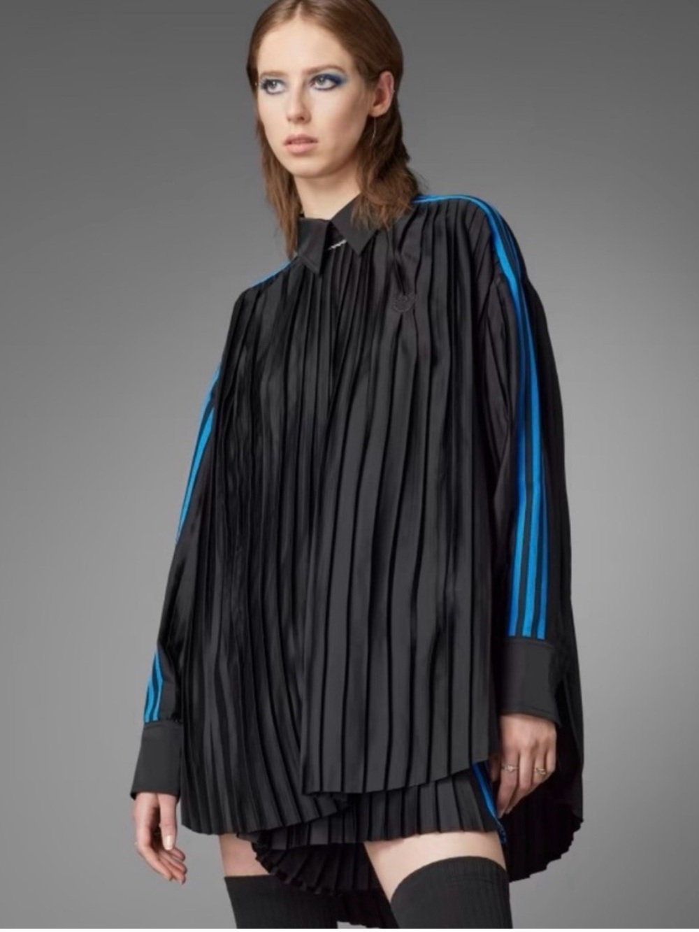 adidas Originals x Avavav Pleated Shirt Dress Black Blue Stripes Oversized M NWT
